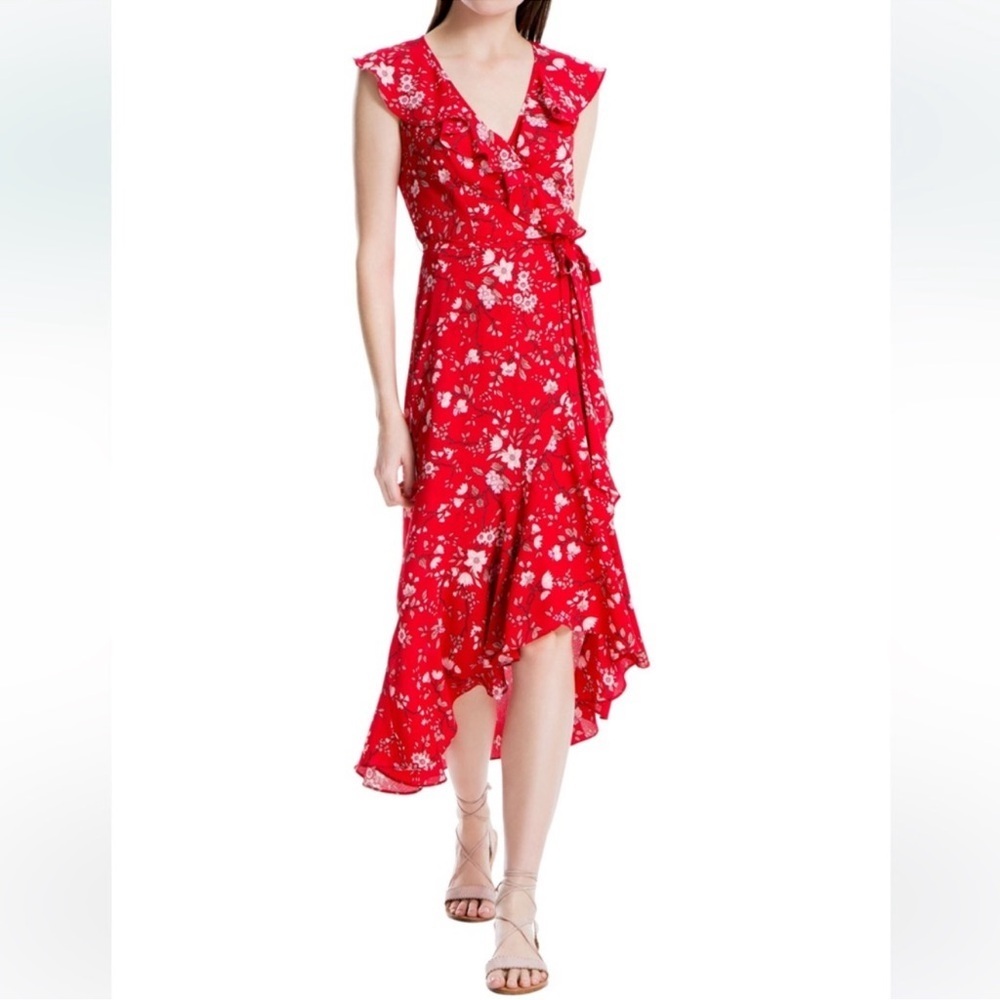 Max Studio Red Floral High-Low Wrap Dress
